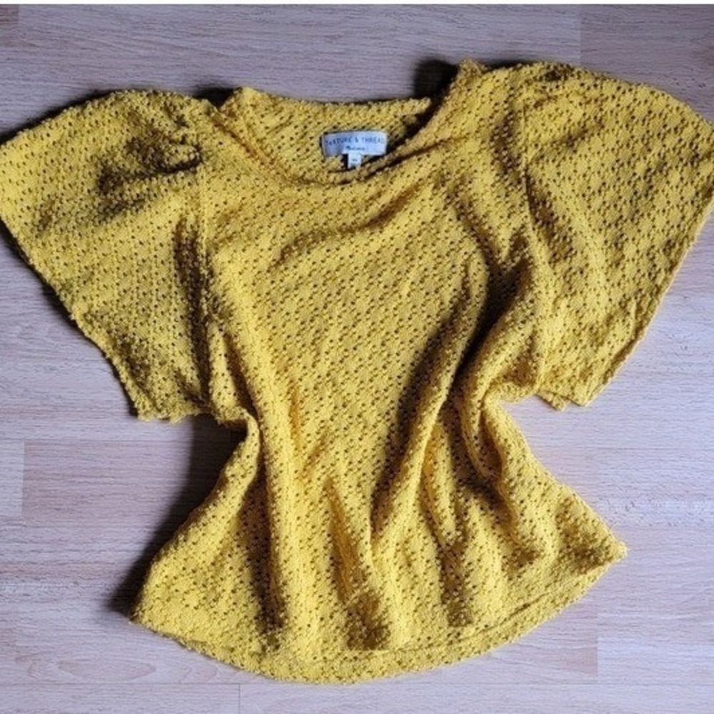 Madewell Texture & Thread Mustard Yellow Eyelet Flutter Sleeve Top XS